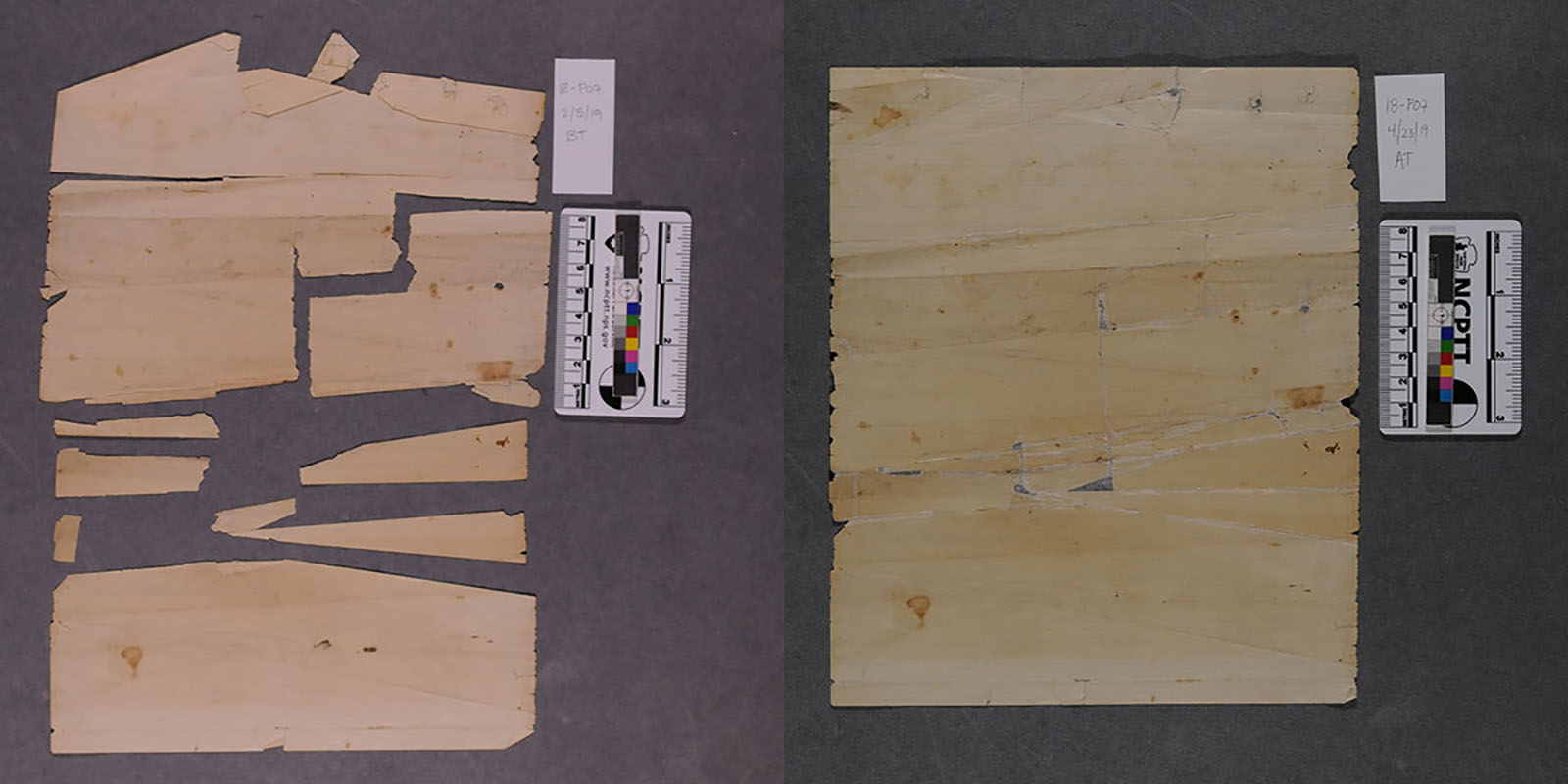 An archival document in pieces and tatters and after treatment as a whole