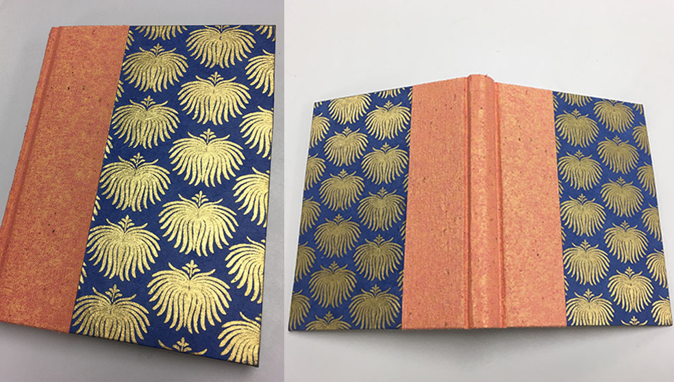 A blue and gold patterned book with a pink and gold cloth spine